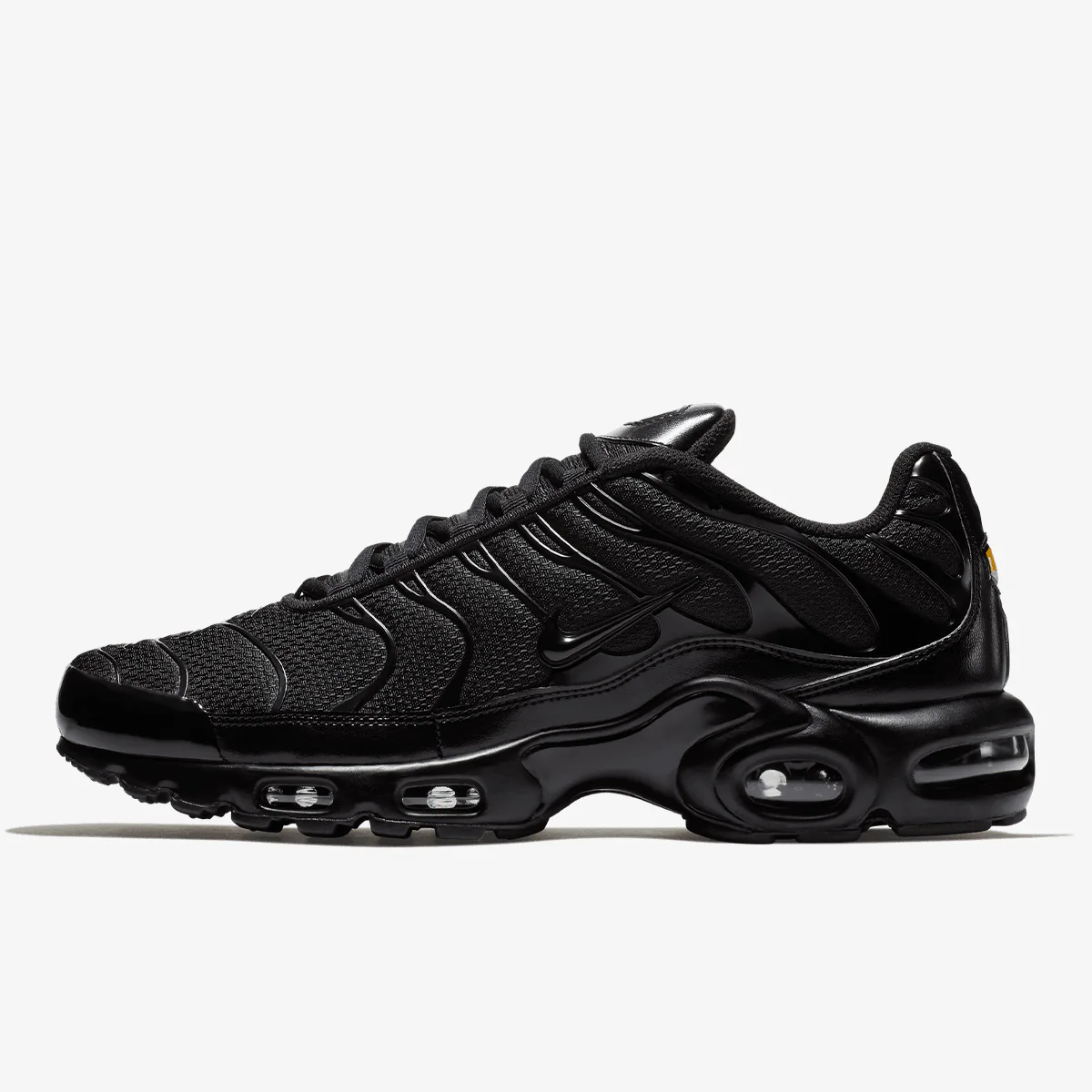 Nike Air Max Plus in black, side view of the sneaker on a white background.