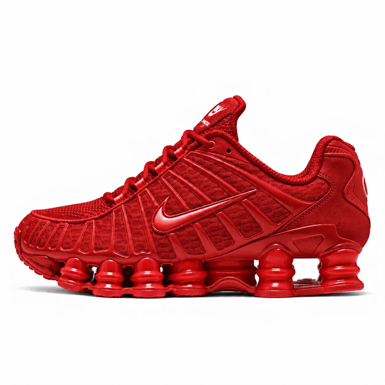 Nike Shox TL in red, side view of the sneaker on a white background.