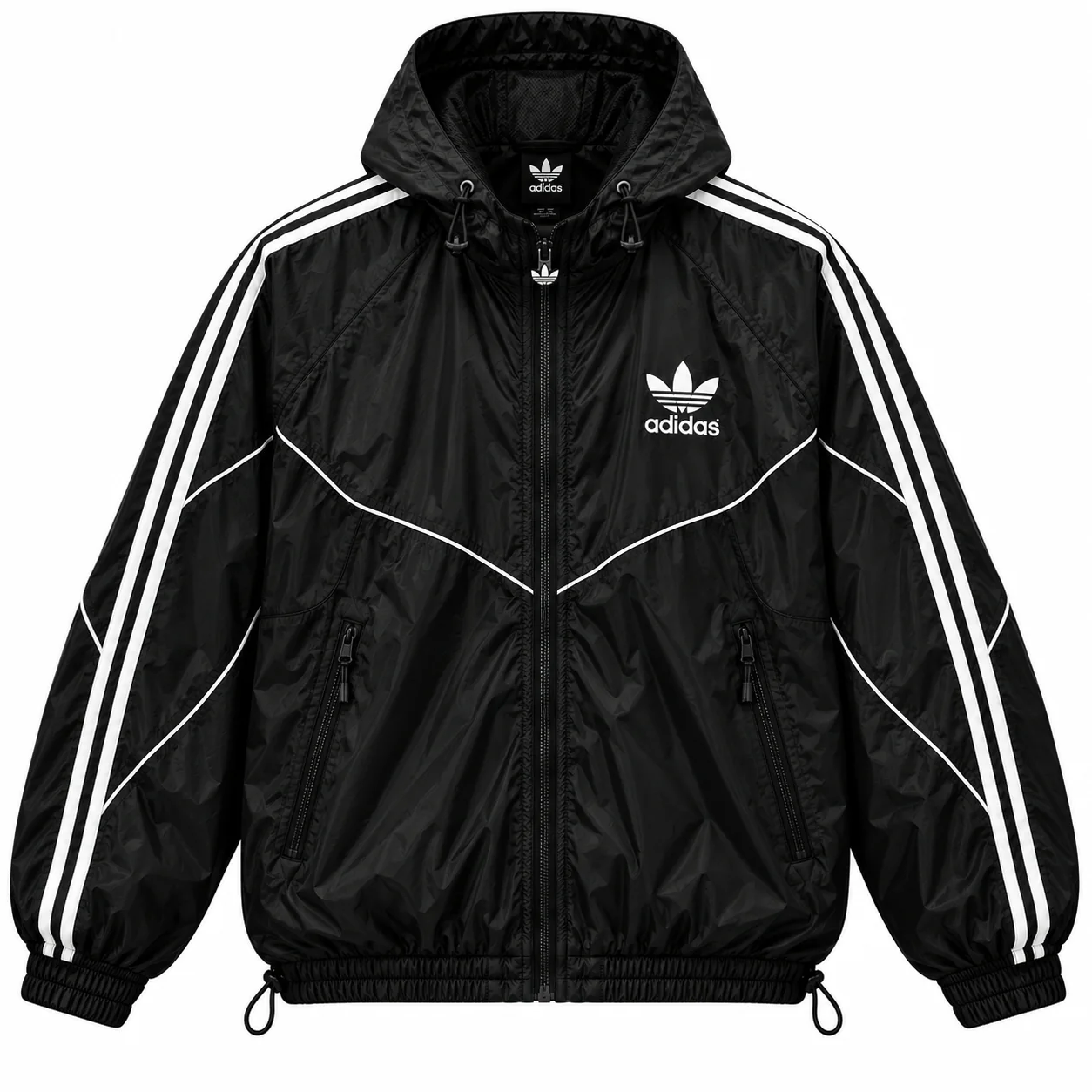 adidas Originals Track in black, white, front view of the jacket on a white background.