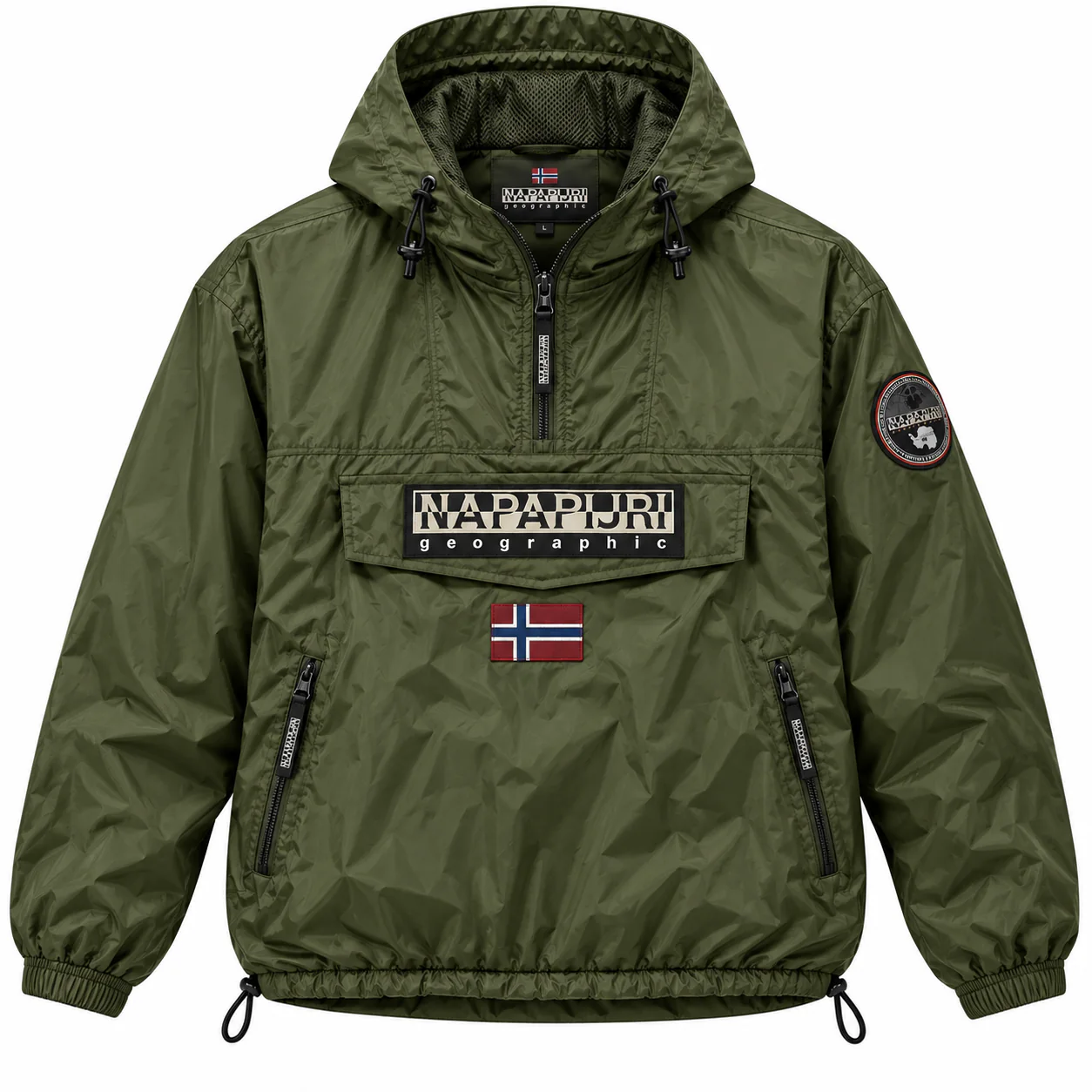 Napapijri Rainforest in olive green, front view of the jacket on a white background.