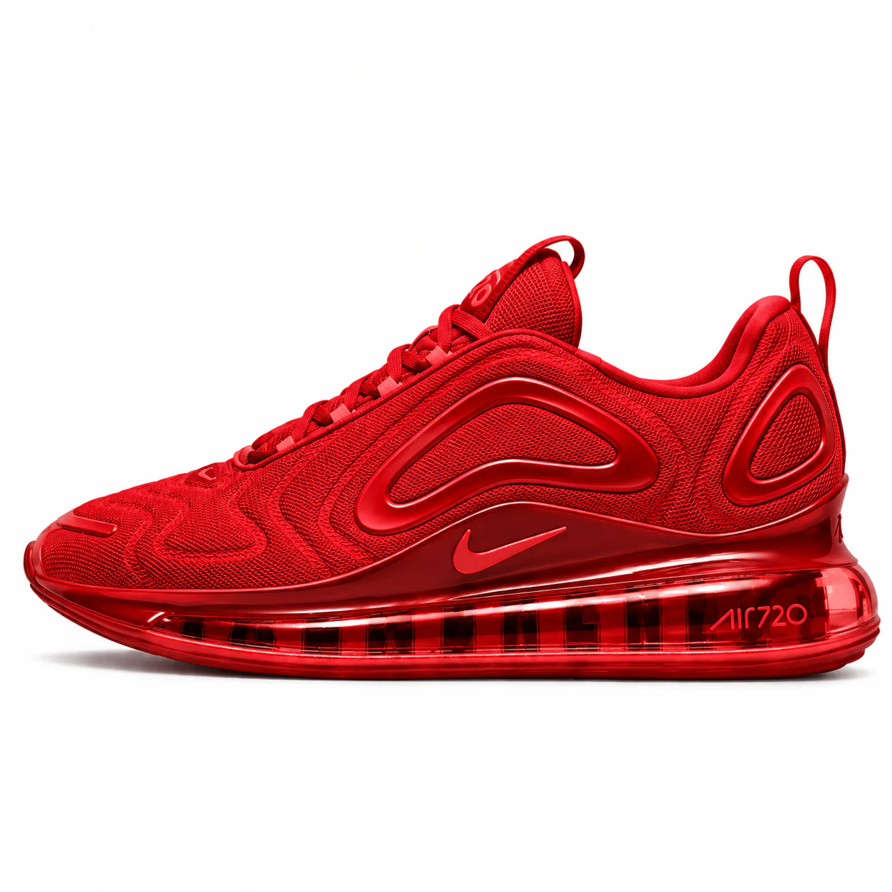 Nike Air Max 720 in red, side view of the sneaker on a white background.