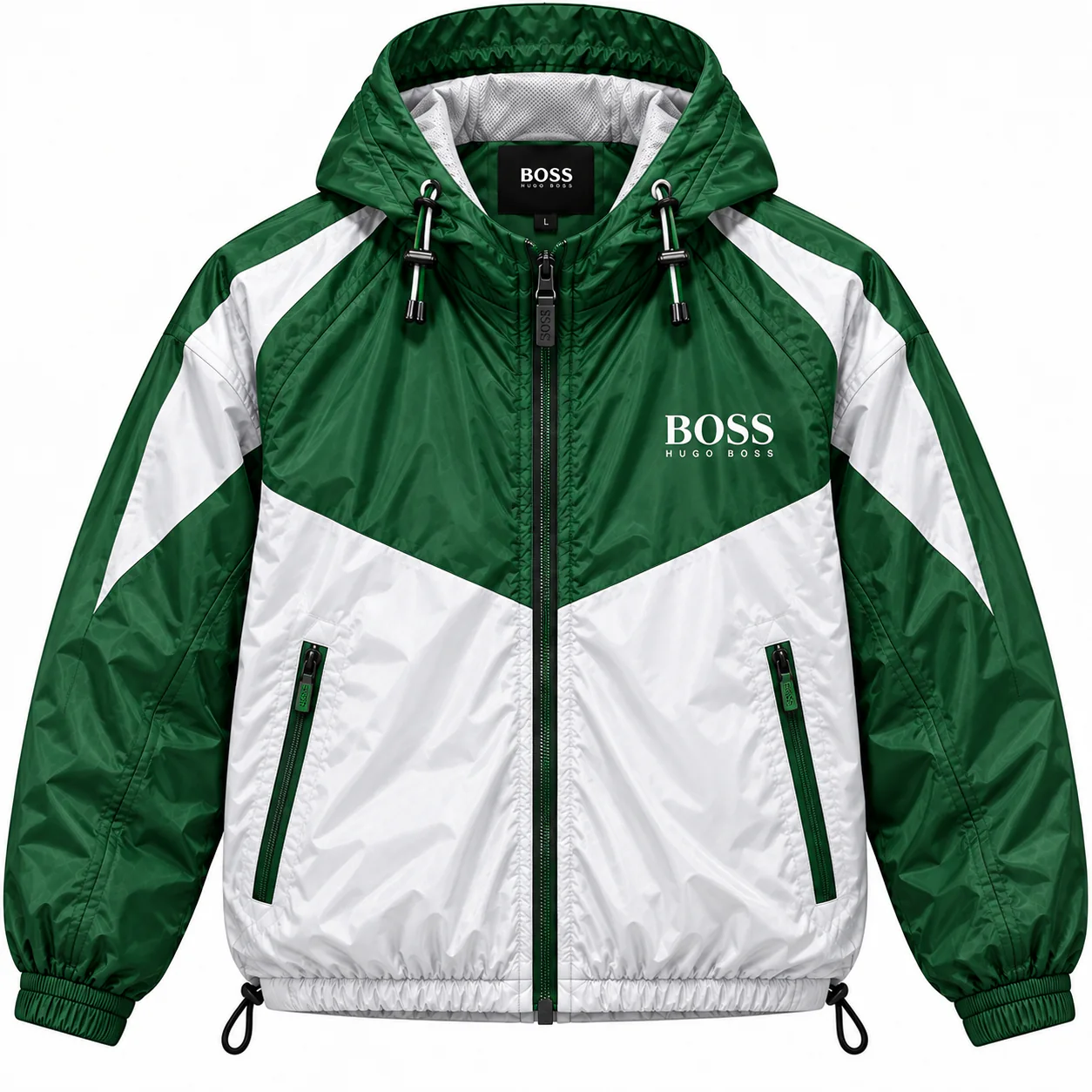 BOSS Colorblock in green, white, front view of the jacket on a white background.