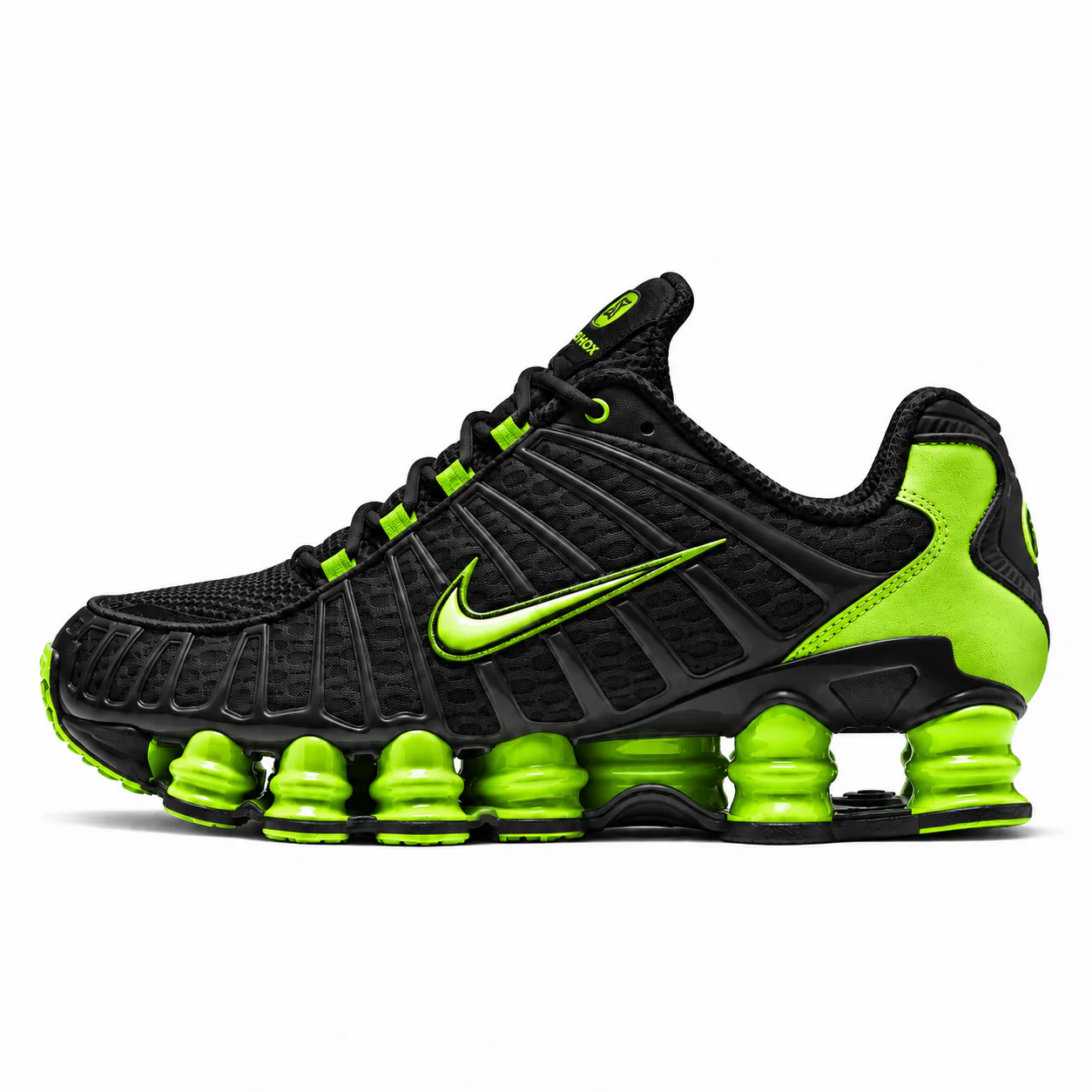 Nike Shox TL in black, volt green, side view of the sneaker on a white background.