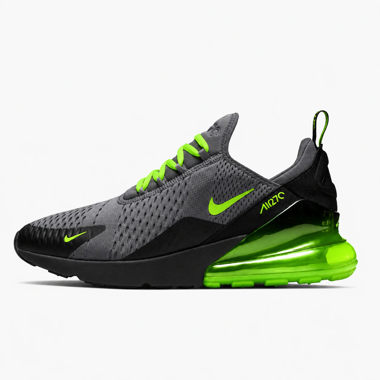 Nike Air Max 270 in grey, black, volt green, side view of the sneaker on a white background.