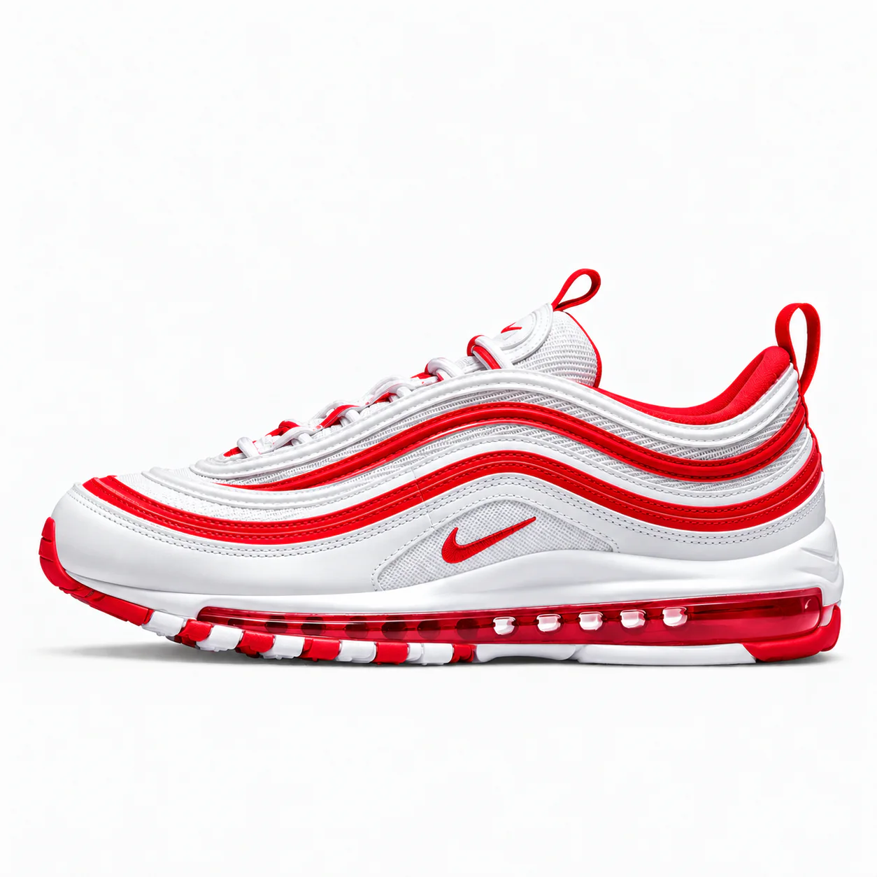 Nike Air Max 97 OG in white, red, side view of the sneaker on a white background.
