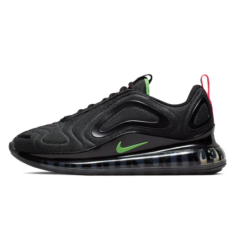 Nike Air Max 720 in black, grey, green, side view of the sneaker on a white background.