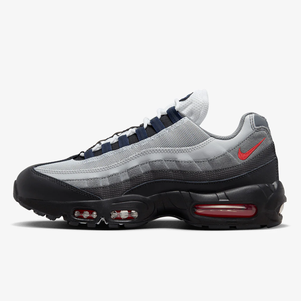 Nike Air Max 95 in grey, black, red, side view of the sneaker on a white background.
