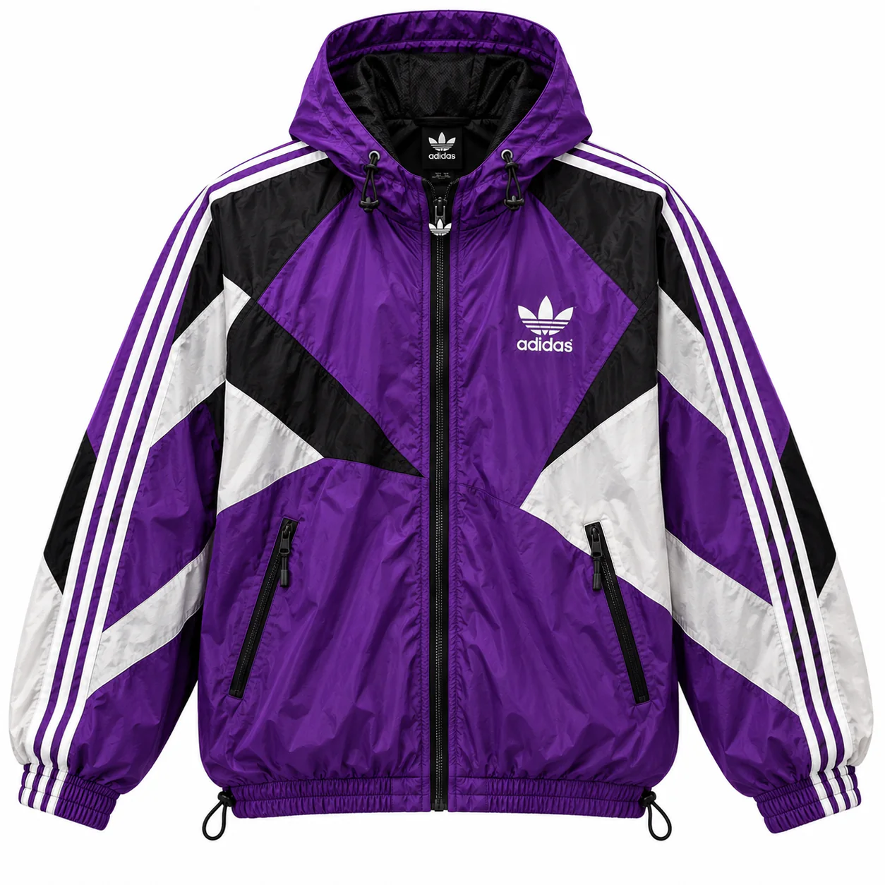 adidas Originals Colorblock in purple, white, black, front view of the jacket on a white background.