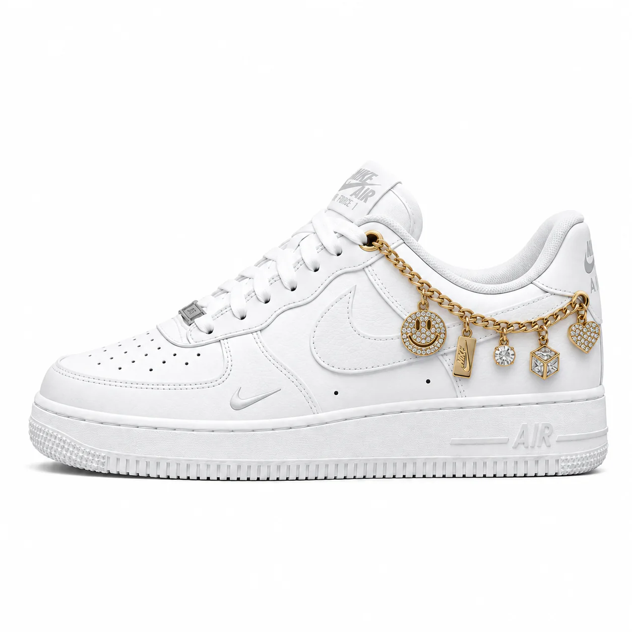 Nike Air Force 1 Low in white, gold, side view of the sneaker on a white background.
