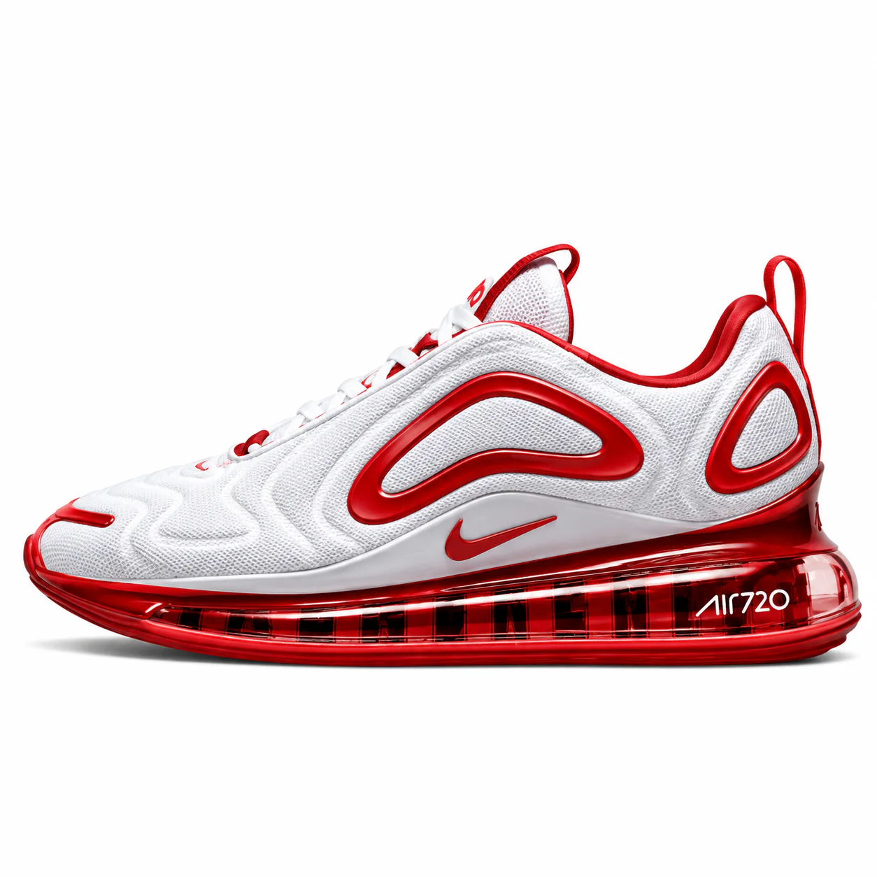 Nike Air Max 720 in white, red, side view of the sneaker on a white background.