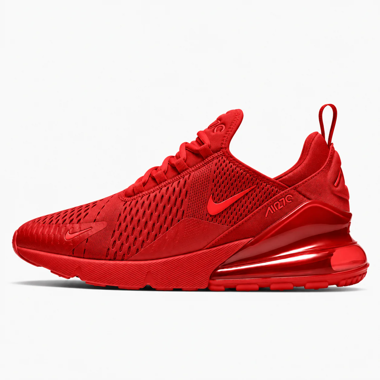 Nike Air Max 270 in red, side view of the sneaker on a white background.