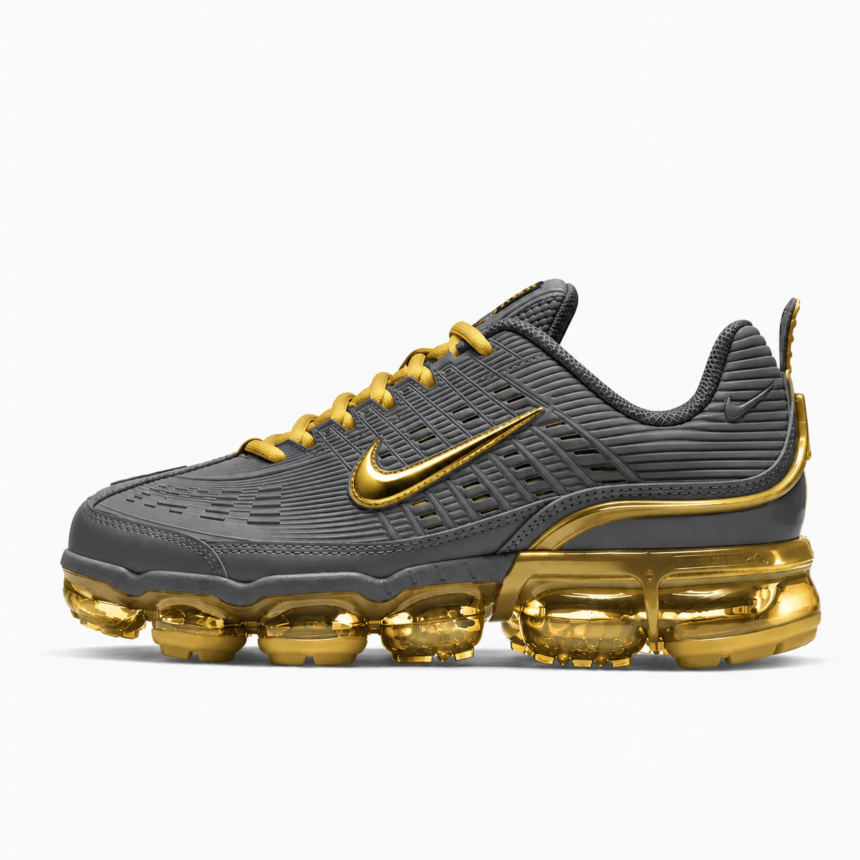 Nike Air VaporMax Plus in grey, gold, side view of the sneaker on a white background.