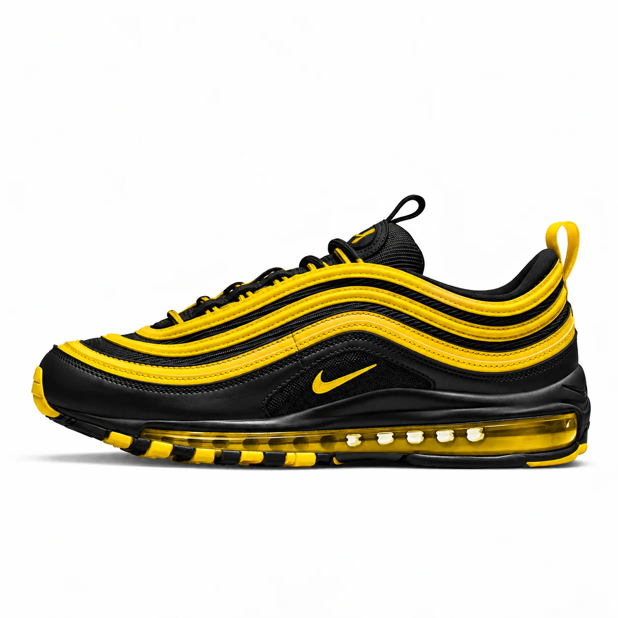 Nike Air Max 97 OG in black, yellow, side view of the sneaker on a white background.