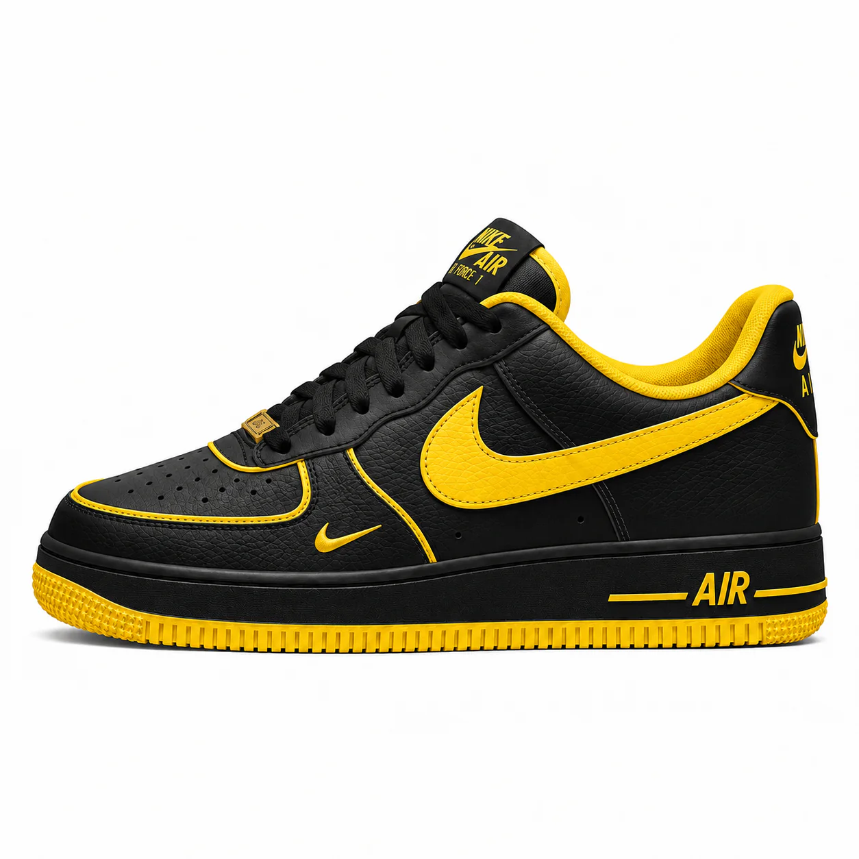 Nike Air Force 1 Low in black, yellow, side view of the sneaker on a white background.