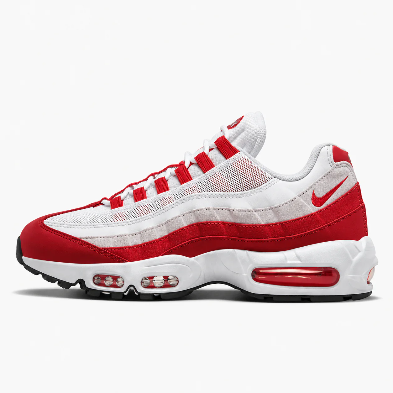Nike Air Max 95 in white, red, side view of the sneaker on a white background.