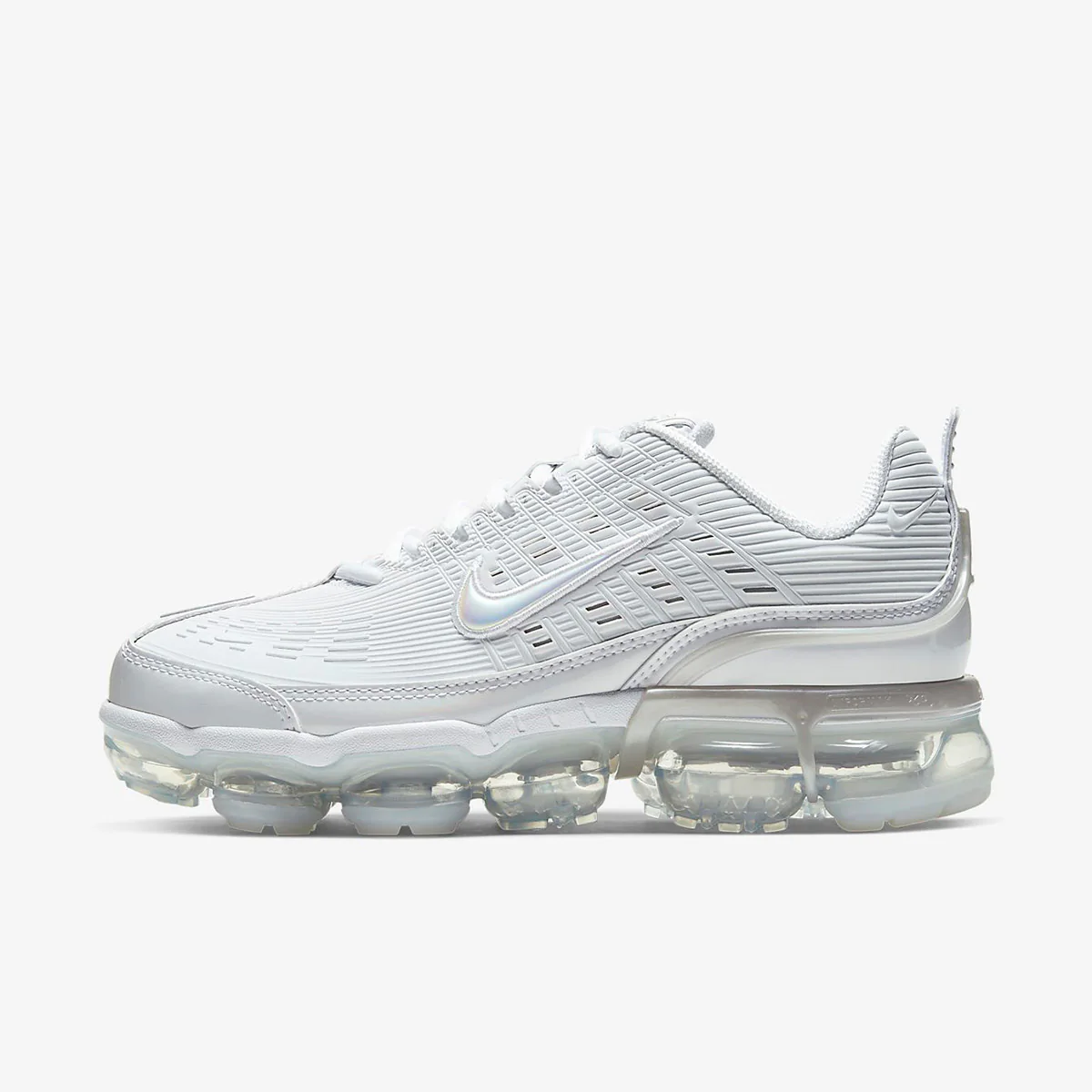 Nike Air VaporMax Plus in white, ice grey, side view of the sneaker on a white background.