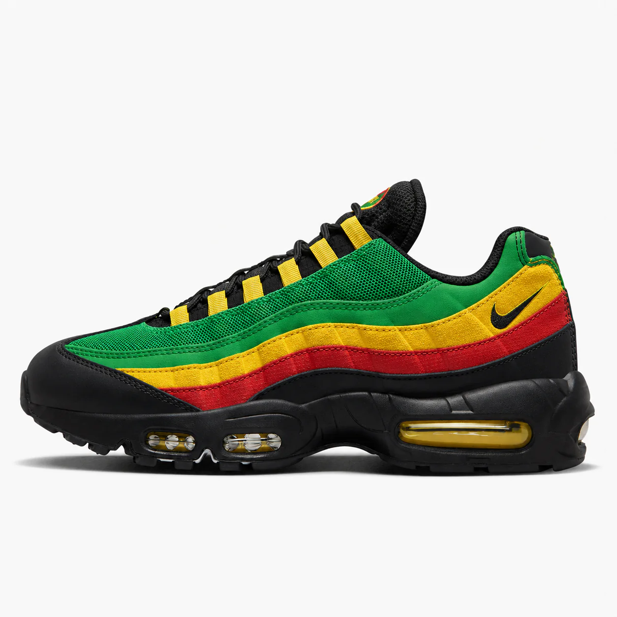 Nike Air Max 95 in black, green, yellow, red, side view of the sneaker on a white background.